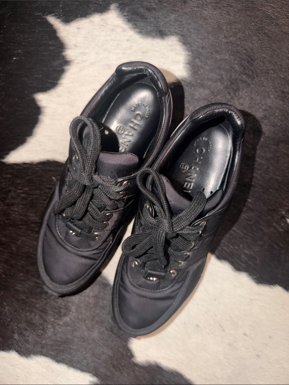CHANEL 2017 Interlocking CC Logo Athletic Black Nylon with Leather Trim Sneakers - Picture 4 of 11
